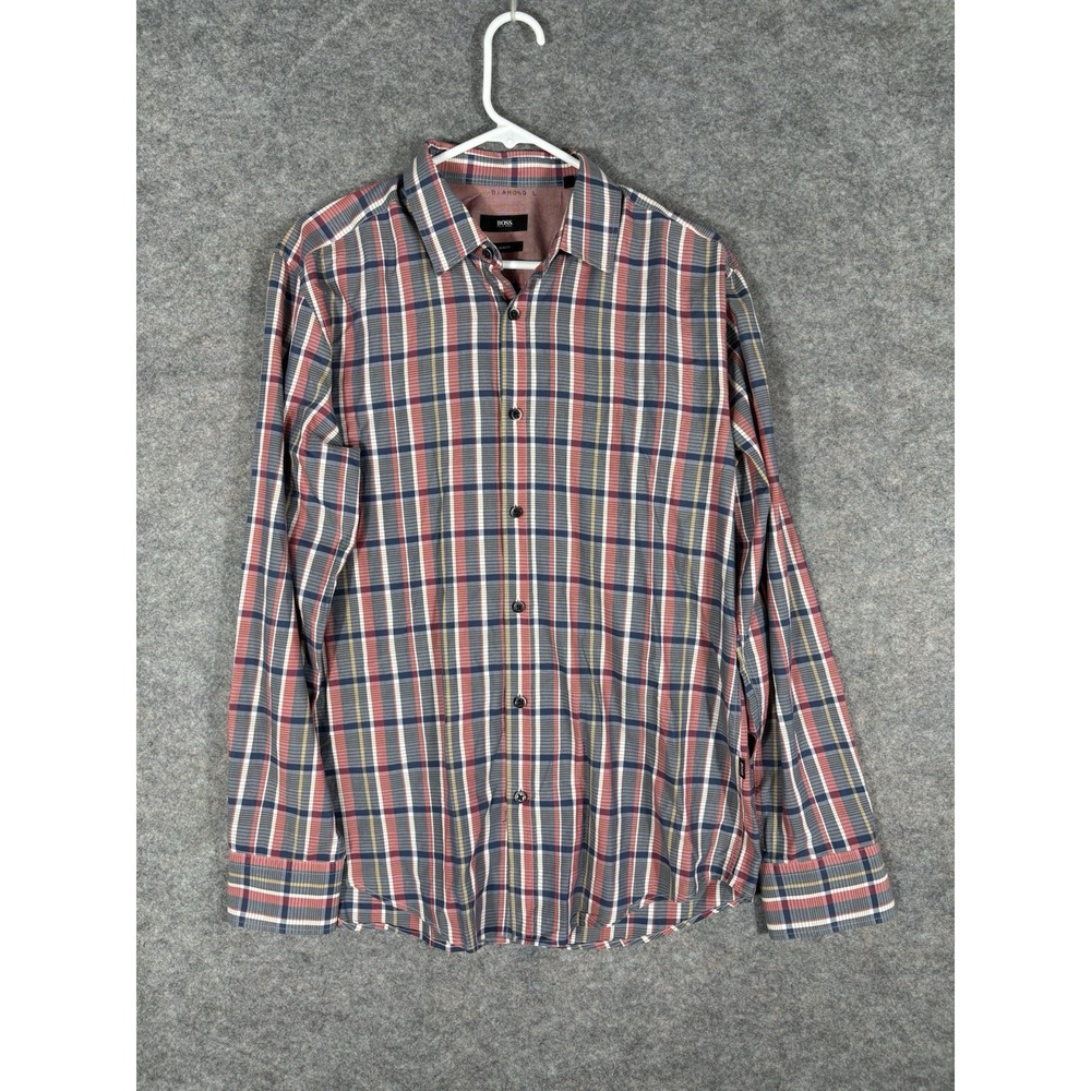 Hugo Boss Men's Large Slim Fit Plaid Flannel Long Sleeve Casual Shirt